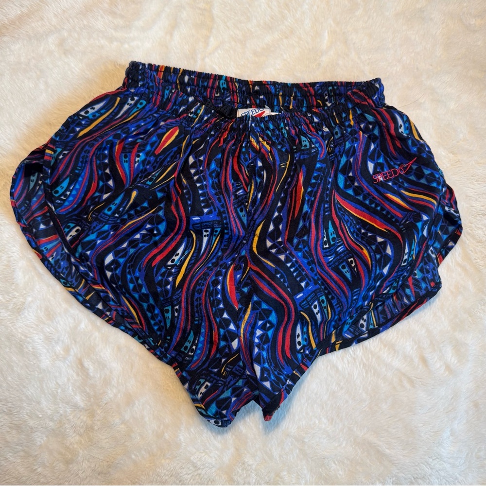 VINTAGE 80s RARE MINT Speedo Blue Multi-Pattern Track Shorts